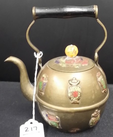 Vintage Chinese Brass & Enamel Tea Pot: Vintage Chinese Brass & Enamel Tea Pot
