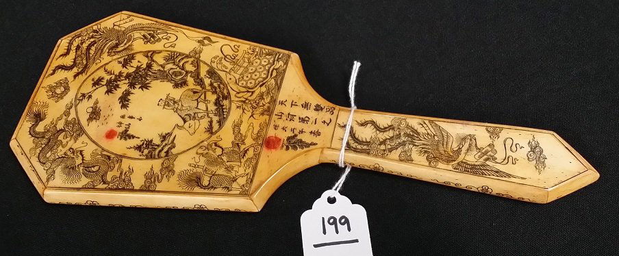 Antique Chinese Bone Hand Held Mirror: has lots of detailed artwork, 2 red cinnabar chop seal signatures