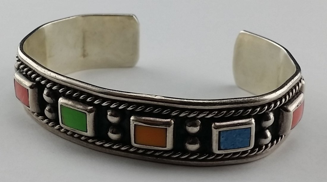 Native Style Sterling Silver Cuff Bracelet: With Inlaid Stones, Marked 925 MEXICO