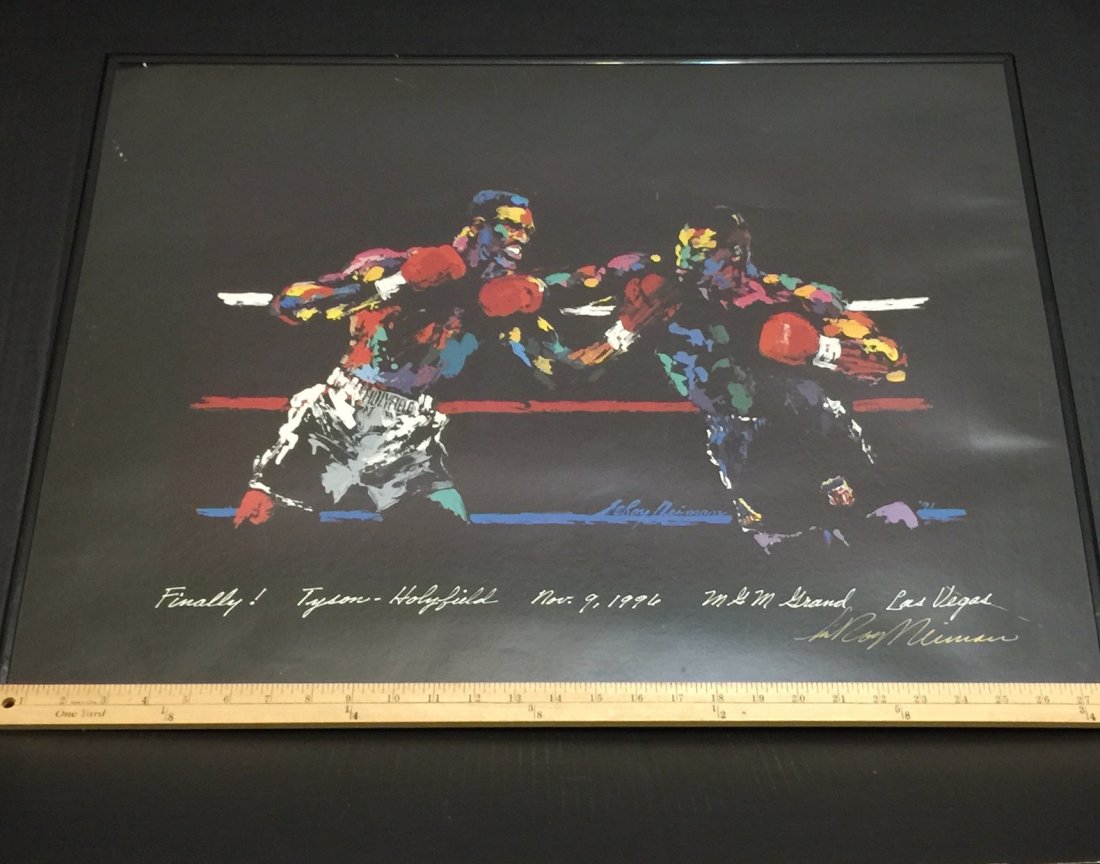 Hand Signed LEROY NEIMAN - Tyson Holyfield Litho: GUARANTEED AUTHENTIC - 28 X 22 Fight Night in 1991 - Hand Signed Gold Felt Marker MULTIPLE PHOTOS POSTED