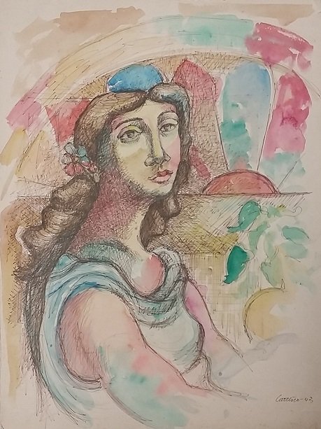 Mario Carreno 1943 Mixed Media on Paper w/ COA: approx 16" x 12", with COA by the artst's widow, Ida Gonzalez de Carreño