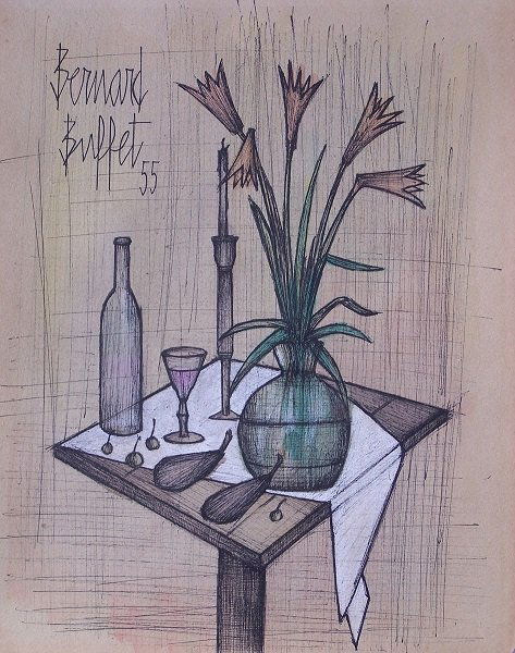 BERNARD BUFFET (French 1928-1999): Title: "Nature Morte" Medium: Mixed Media on Paper Date of creation: 1955 Size: 13 x 10 in Signed lower left upper Bernard Buffet 55