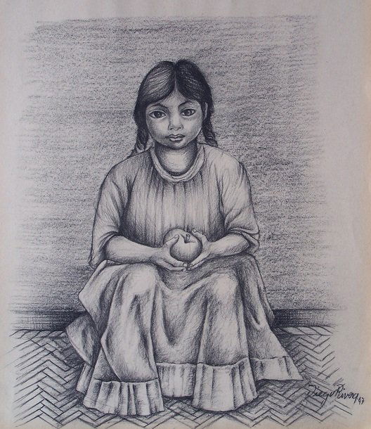 DIEGO RIVERA (Mexican 1886-1957): Title: "Niña con Manzana" Medium: Pastel on Paper Date of creation: 1947 Size: 40,6 x 35,5 cms Signed lower right DIEGO RIVERA 47, With COA by Mrs, Ruth Alvadaro Rivera