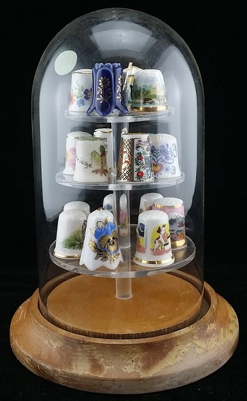 Thimble Collection with Display Case: 17 different thimbles, Display is approx 7.5" tall