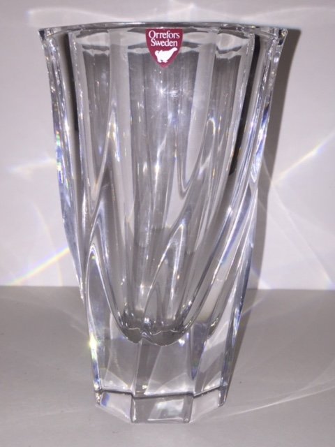 Hand Signed ORREFORS Sweden Crystal Tornado Vase: Heavy Flawless Piece with Original Label