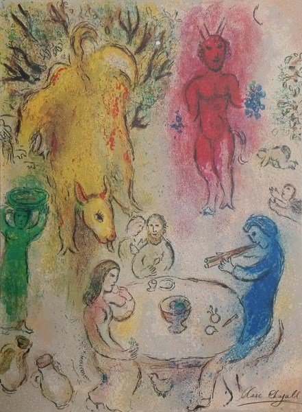 "Daphinis & Chloe" by Marc Chagall Original Color: "Daphinis & Chloe" by Marc Chagall Original Color Lithograph Hand Signed in Black Pencil by Chagall, 12.75" x 93/8", Printed in West Germany, Publishe by George Braziller, Inc,. And Editions Verve. Pa
