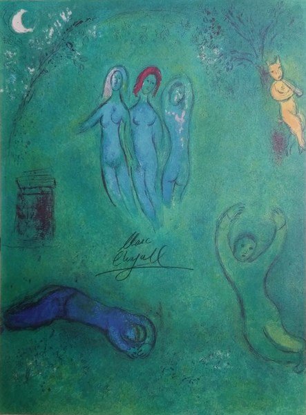 "Daphinis & Chloe" by Marc Chagall Original Color: "Daphinis & Chloe" by Marc Chagall Original Color Lithograph Hand Signed in Black Pencil by Chagall, 12.75" x 93/8", Printed in West Germany, Publishe by George Braziller, Inc,. And Editions Verve. Pa