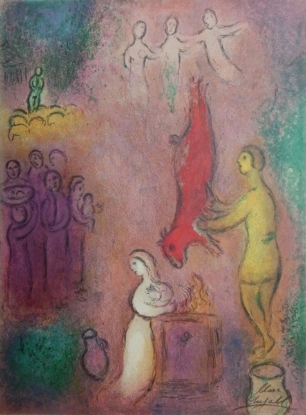 "Daphinis & Chloe" by Marc Chagall Original Color: "Daphinis & Chloe" by Marc Chagall Original Color Lithograph Hand Signed in Black Pencil by Chagall, 12.75" x 93/8", Printed in West Germany, Publishe by George Braziller, Inc,. And Editions Verve. Pa