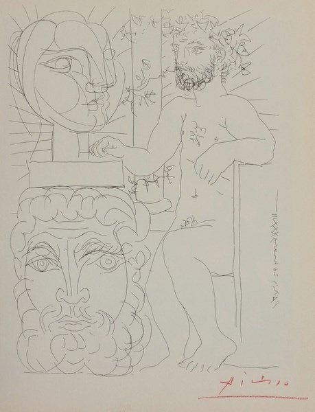Pablo Picasso "Suite Vollard" Lithograph signed in red: Pablo Picasso "Suite Vollard" Lithograph signed in red crayon by Picasso 8.5" x 11" with Gallery certificate, published by SPADEM, Paris, Great Britain 1960