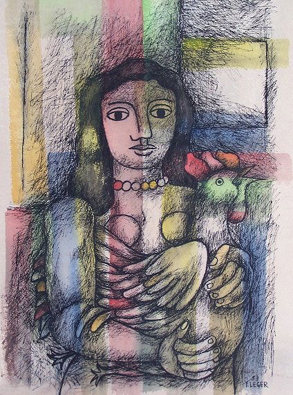 FERNAND LEGER (French 1881-1955): Title: "Femme avec un oiseau" Medium: Gouache on Heavy Paper Date of creation: 1953 Size: 19 x 14 in Signed lower right by the artist, 53 F. LEGER, With COA