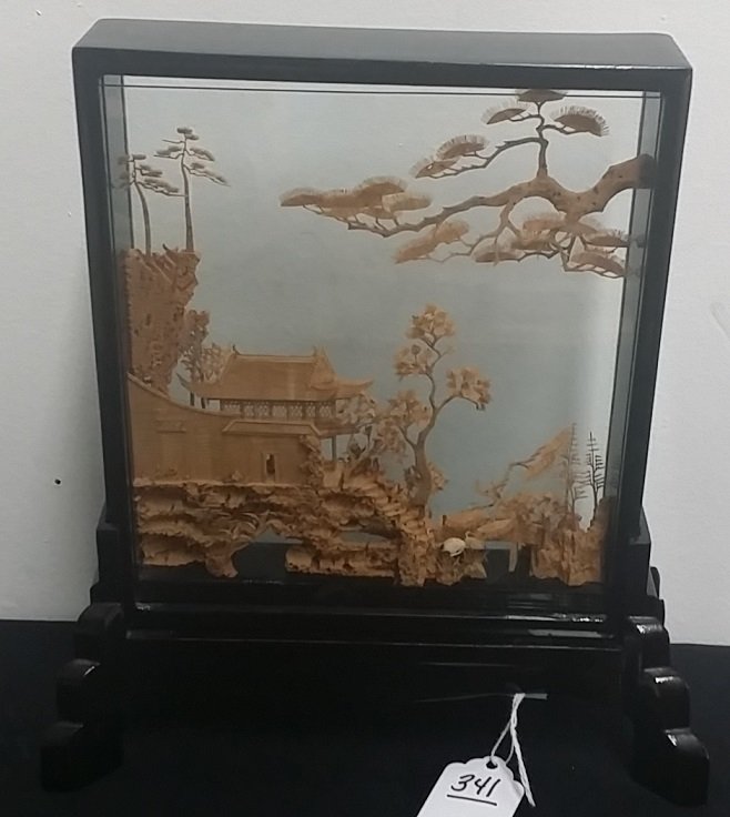19th Century Chinese Cork Table Screen: approx 10" x 7"