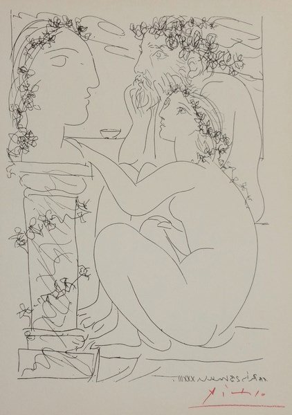 Pablo Picasso "Suite Vollard" Lithograph signed in red: Pablo Picasso "Suite Vollard" Lithograph signed in red crayon by Picasso 8.5" x 11" with Gallery certificate, published by SPADEM, Paris, Great Britain 1964