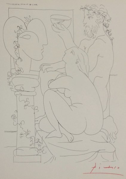 Pablo Picasso "Suite Vollard" Lithograph signed in red: Pablo Picasso "Suite Vollard" Lithograph signed in red crayon by Picasso 8.5" x 11" with Gallery certificate, published by SPADEM, Paris, Great Britain 1957