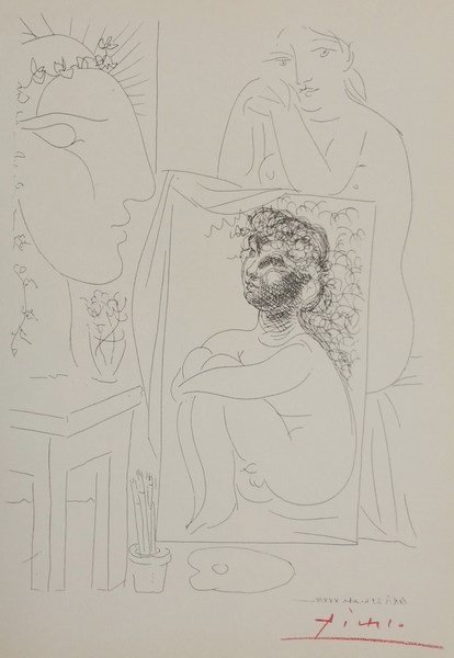 Pablo Picasso "Suite Vollard" Lithograph signed in red: Pablo Picasso "Suite Vollard" Lithograph signed in red crayon by Picasso 8.5" x 11" with Gallery certificate, published by SPADEM, Paris, Great Britain 1957