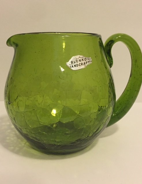 Early BLENKO Crackled Green Glass Handled Pitcher: Early BLENKO Crackled Green Glass Handled Pitcher