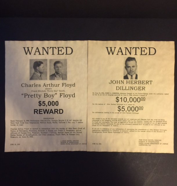 Lot of 2 - 1930's Gangsters Wanted Reward Posters: Charles Pretty Boy Floyd & John Dillinger Cool Collectible Reprints