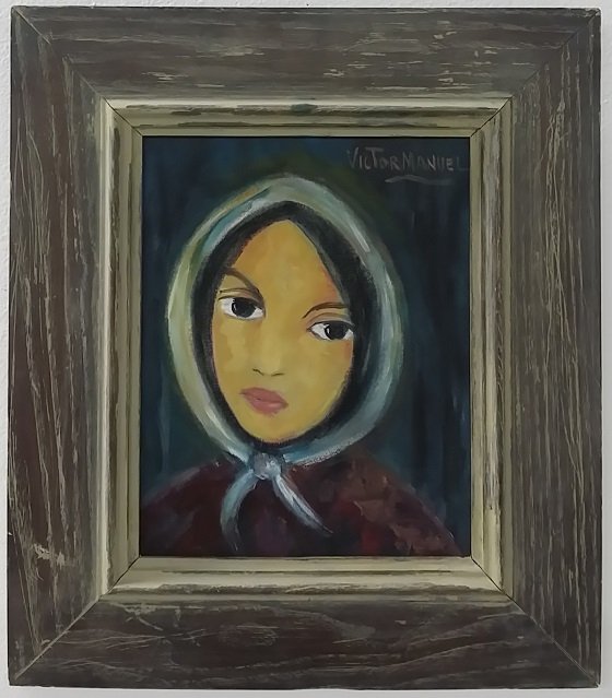 Victor Manuel (Cuban) Oil on Masonite: Signed upper right corner, Site size 9.5"x7.5", Frame size 15.25"x13.25", with COA by Mr. Carlos Luis
