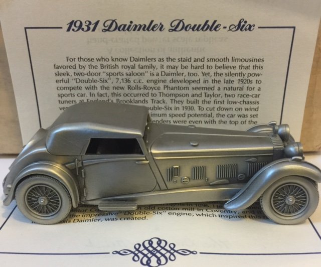 Awesome 1931 DAIMLER DOUBLE-SIX Pewter Car: Handcrafted in ENGLAND - Comes with COA & ORIGINAL BOX Distributed by "The Danbury Mint"