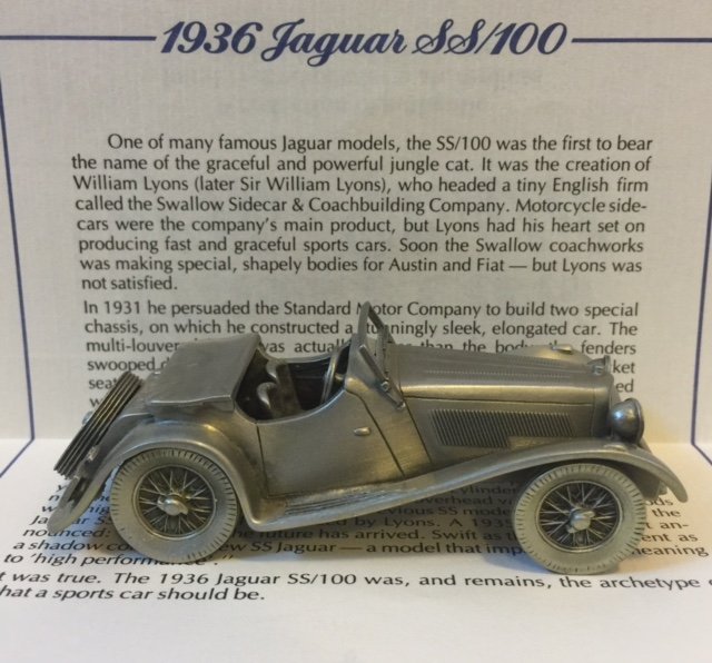Awesome 1936 JAGUAR SS/100 Pewter Car: Handcrafted in ENGLAND - Comes with COA & ORIGINAL BOX Distributed by "The Danbury Mint"