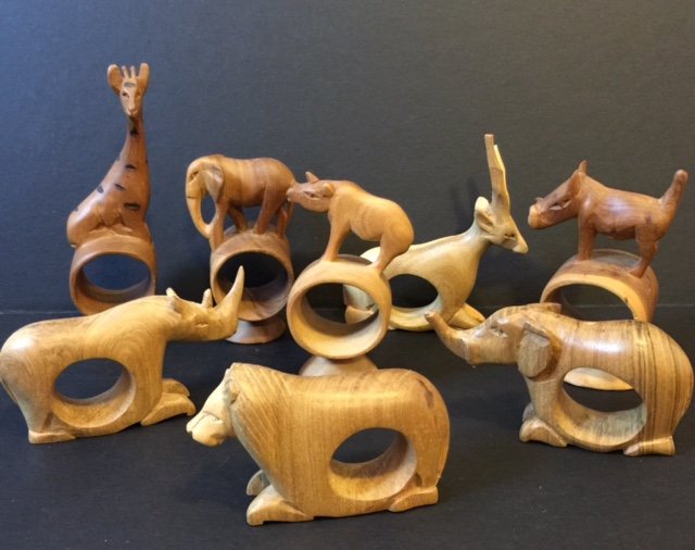 8 Hand Carved in Africa Animal Wood Napkin Rings: Great Set - Signed Made in Africa Multiple Photos Posted