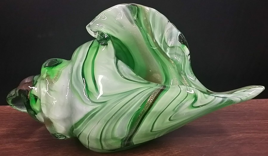 Murano Style Art Glass Seashell: 9" long x 4.5" tall