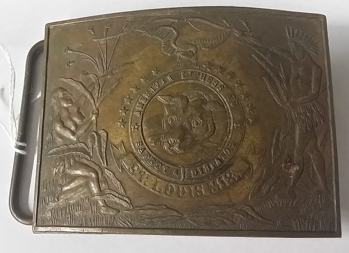 Vintage Brass "American Express" Belt Buckle: Depicting 2 Native Americans, a bald eagle