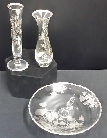 Set of 3 Sterling over Crystal: 1 footed dish, and 2 bud vases