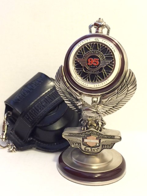 Official HARLEY DAVIDSON Pocket Watch with Stand: "95th ANNIVERSARY" Motorcycle - NEVER USED $200 - $300 - ESTIMATED VALUE - $200 - $300 Comes with Stand & New Leather Pouch