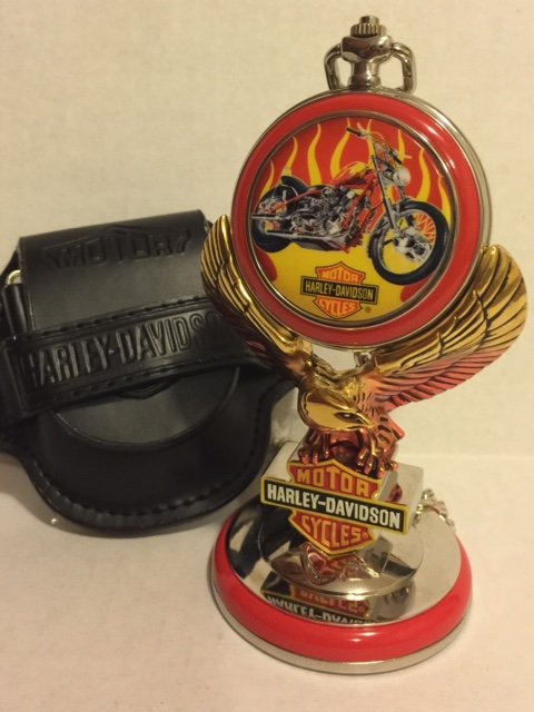 Official HARLEY DAVIDSON Pocket Watch with Stand: "BILLY BIKE" Motorcycle - NEVER USED $200 - $300 - ESTIMATED VALUE - $200 - $300 Comes with Stand & New Leather Pouch