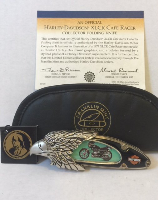 Awesome Official HARLEY DAVIDSON Pocket Knife: 1977 XCLR CAFÉ RACER" by HARLEY DAVIDSON - MINT CONDITION Comes with COA, Hang Tag & Original Padded Pouch Issued by "THE FRANKLIN MINT