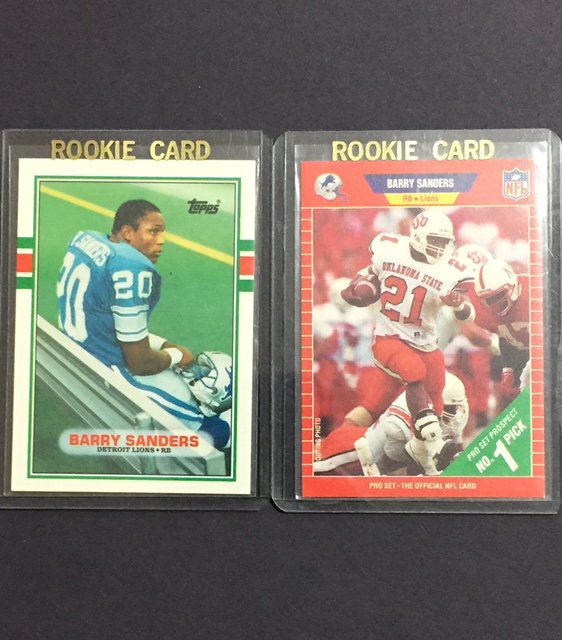 Lot of 2 BARRY SANDERS Rookie Football Cards/MINT: Includes the Topps Traded Rookie Card & Inaugural PRO-SET Rookie