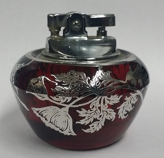 Mid Cen. Sterling Overlay Ruby Glass Table Lighter: Mid Century Sterling Overlay Ruby Glass Table Lighter