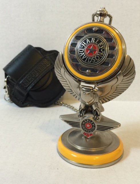 Official HARLEY DAVIDSON Pocket Watch with Stand: "FAT BOY" Motorcycle - NEVER USED Comes with Stand & New Leather Pouch MULTIPLE PHOTOS POSTED