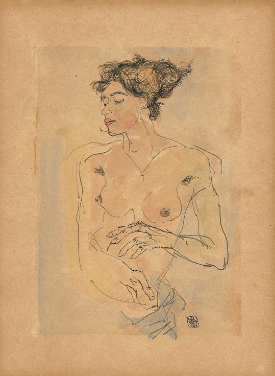 EGON SCHIELE (Austrian, 1890-1918): Title: "Nude Female", Medium : Mixed Media on Paper, Date : 1917, Size : 12,75 x 9,25 in.