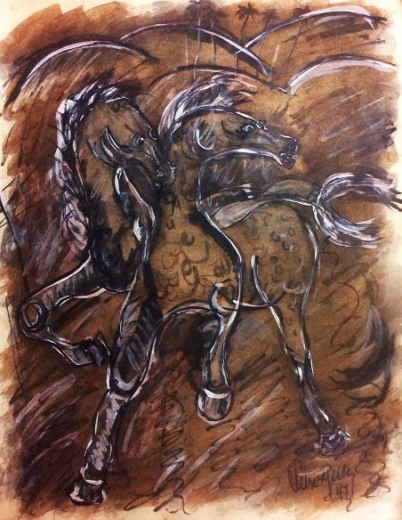 CARLOS ENRIQUEZ (Cuban, 1900-1957): Title: "Caballos", Medium : Mixed Media on Cardboard, Date : 1949, Size : 23 x 19 in, COA.