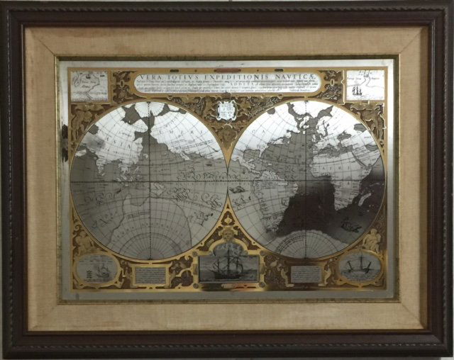 Rare Framed Sir Francis Drake World Map with COA: 22" x 18" - Official Issue of the ROYAL GEOGRAPHICAL SOCIETY Acquired EXCLUSIVELY by Invitation. Map was etched in FINE SILVER on Burnished Copper and Inlaid with