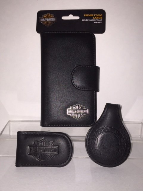 Lot of 3 Genuine HARLEY DAVIDSON Leather Goods: Includes 2 Leather Magnetic Money Clips and Leather Duo Wallet Phone Portfolio Multiple Photos Posted