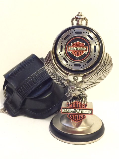 Official HARLEY DAVIDSON Pocket Watch with Stand: "HERITAGE SOFTAIL" Motorcycle - NEVER USED Comes with Stand & New Leather Pouch MULTIPLE PHOTOS POSTED