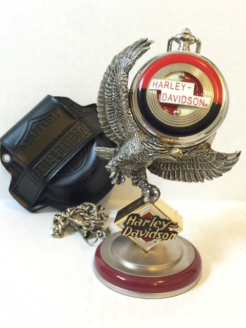Official HARLEY DAVIDSON Pocket Watch with Stand: "SPORTSTER" Motorcycle - With Box - NEVER USED Comes with Stand & New Leather Pouch MULTIPLE PHOTOS POSTED
