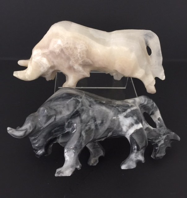 Lot of 2 Old Hand Carved Solid Onyx Fighting Bulls: White & Black Onyx - Great Lot - Multiple Photos Posted