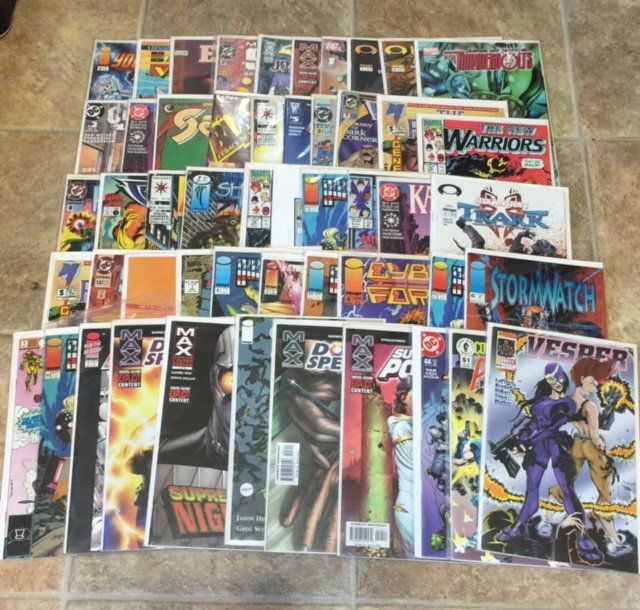 Lot of 51 Highly Collectible Boarded Comic Books: Brands include DARK HORSE, VALIANT, ADULT, MARVEL, DC, IMAGE & More - Great Lot for Re-Sellers