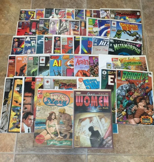 Lot of 51 Highly Collectible Boarded Comic Books: Brands include DARK HORSE, VALIANT, ADULT, MARVEL, DC, IMAGE & More - Great Lot for Re-Sellers