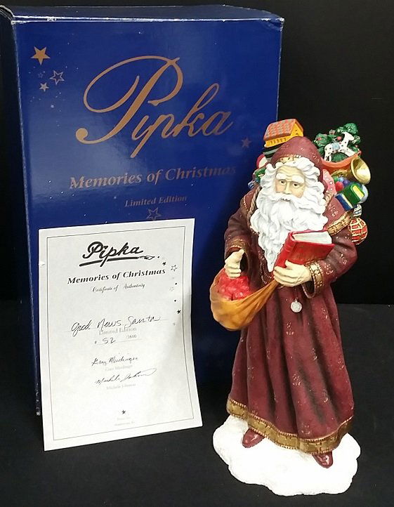 Pipka 1996 "Good News Santa": mint conditon, original box, year 1996, #52/3600, signed by the artist Pipka, approximately 11" high