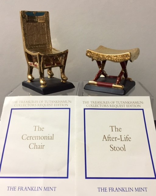 Lot of 2 TREASURES of TUTANKHAMUN Collection COA: "Egyptian Lotus Cup" and "Cartouche-Shaped Container" Hand Painted Fine Porcelain by The Franklin Mint