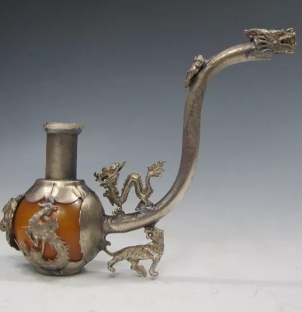 Old Chinese Folk Art Yellow Jade Tobacco Pipe: Old Chinese Folk Art Yellow Jade Dragon Tobacco Pipe Yellow Jade & Tibetan Silver - Multiple Photos Posted
