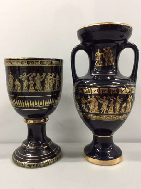 Signed 24kt Gold Hand Made in Greece Porcelain: Lot of 2 - Vase and Toasting Goblet - Beautiful Set Multiple Photos Posted