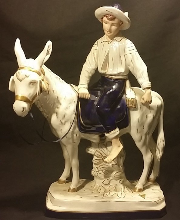 Large Vintage Royal Dux Porcelain Boy Riding Horse: 15" x 10.5"