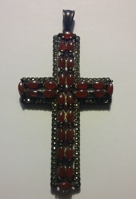 Large Sterling Silver Cornelian, & Marcasite Cross: Cross Pendant, 4" Long including Bail