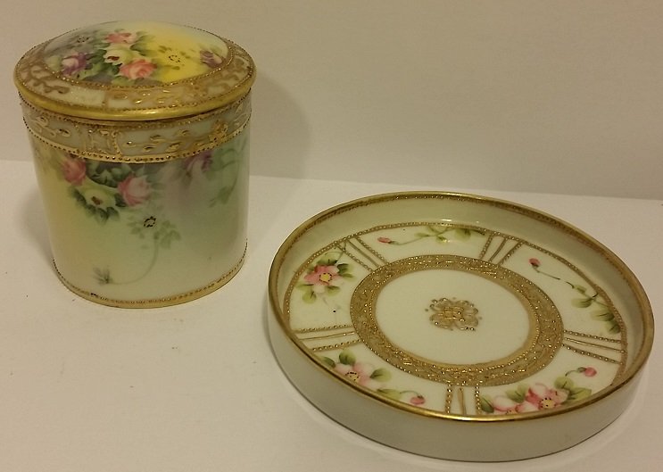 Lot of Hand Painted Vintage Nippon Porcelain: Lidded Jar 2.5" Tall, And trinket Dishes 3 1/8" In Diameter