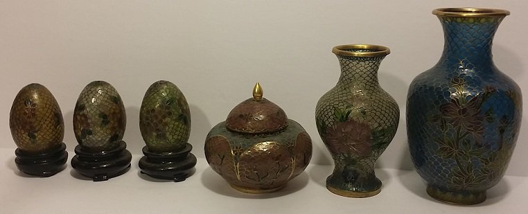 Lot of Assorted Oriental Plique A Jour: , Tallest vase 5'' Tall, Eggs with stands 3'' Tall